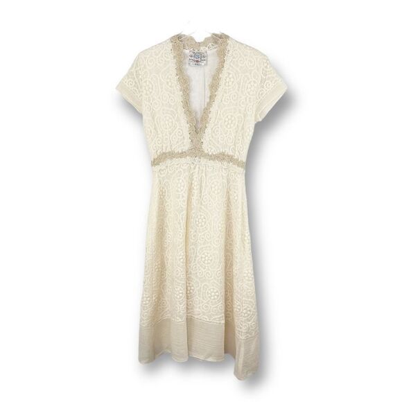 Bell by Alicia Bell Ava Cream Gauze Embroidered Eyelet Dress w/Rosette Trim Sz 4 - Picture 1 of 16